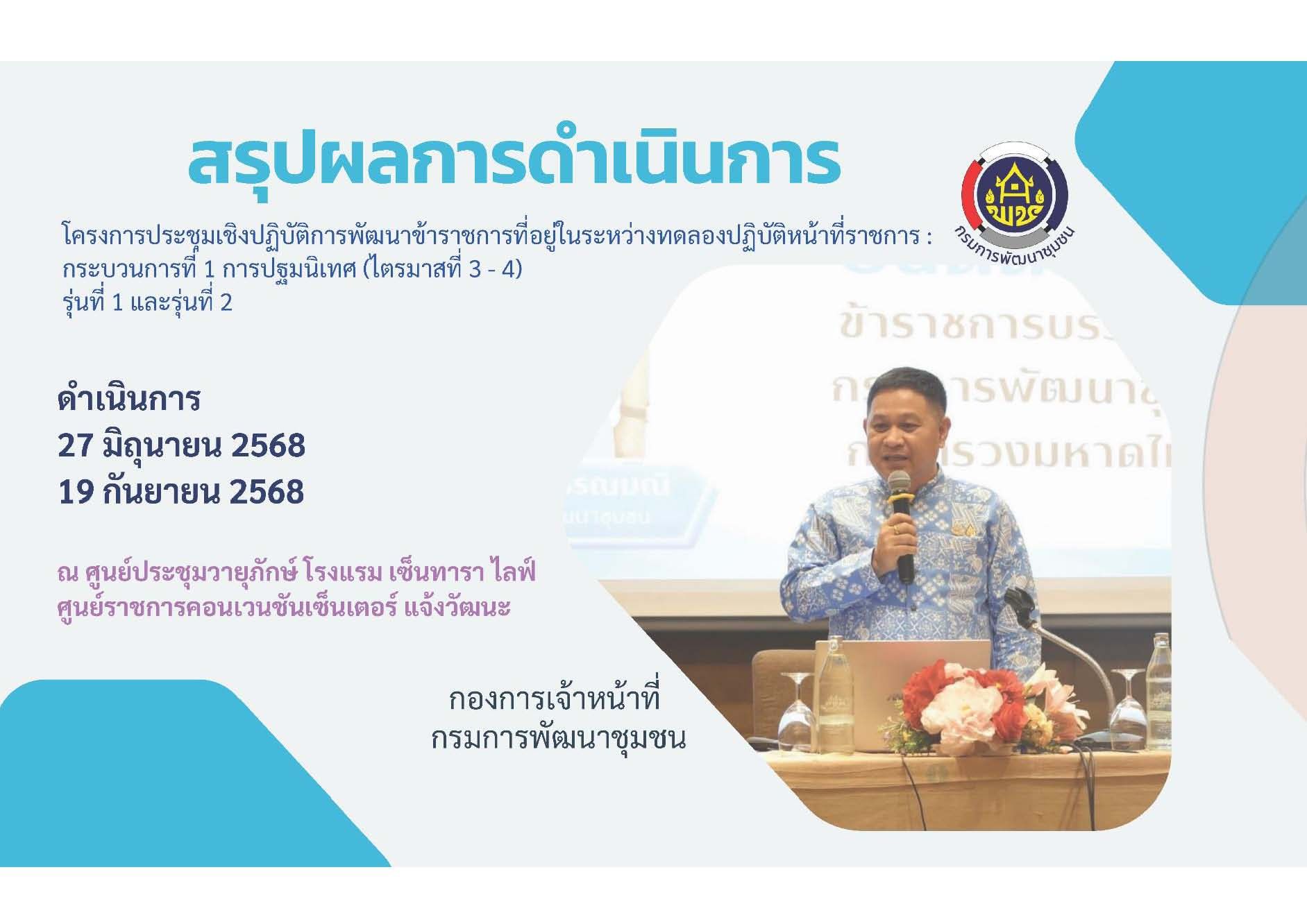สรุปผลการดำเนินงานโครงการประชุมเชิงปฏิบัติการพัฒนาข้าราชการที่อยู่ในระหว่างทดลองปฏิบัติหน้าที่ราชการ : กระบวนการที่ 1 การปฐมนิเทศ (ไตรมาสที่ 3 - 4 ) รุ่นที่ 1 และรุ่นที่ 2